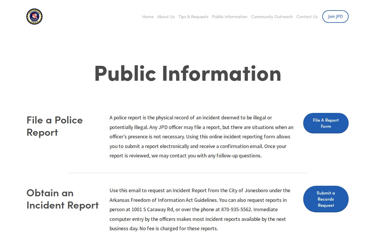 Craighead County arrest history Jonesboro Police records request page