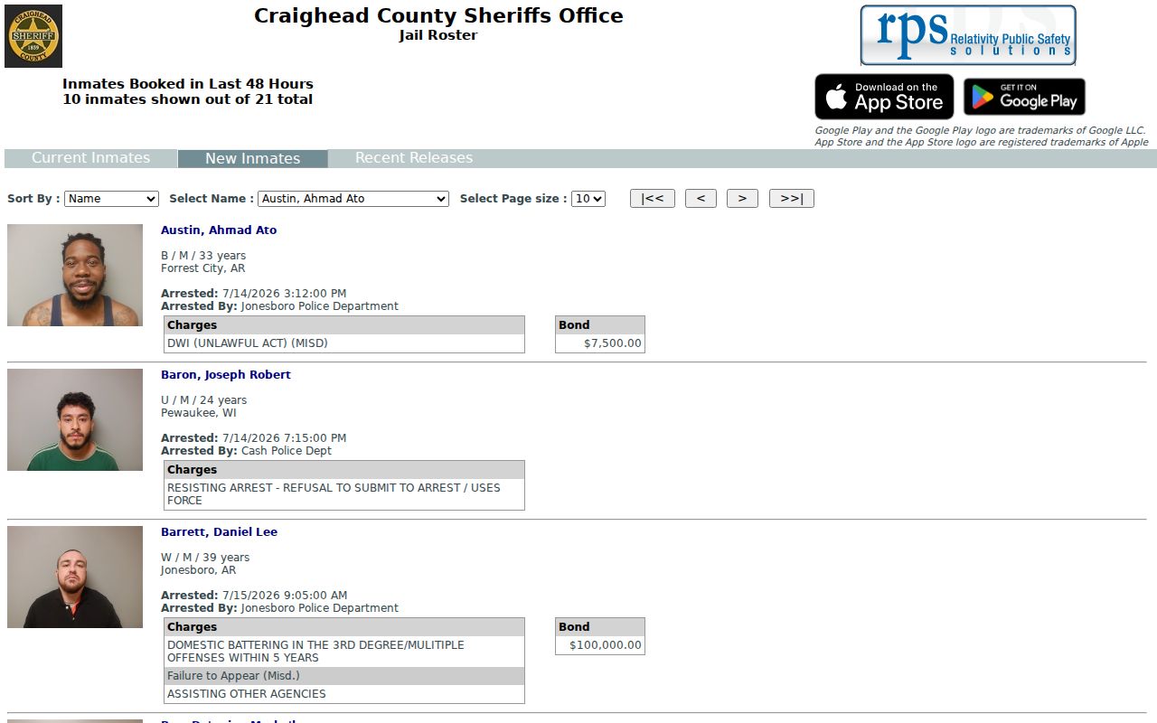 Craighead County arrest history RPS new inmates booking log