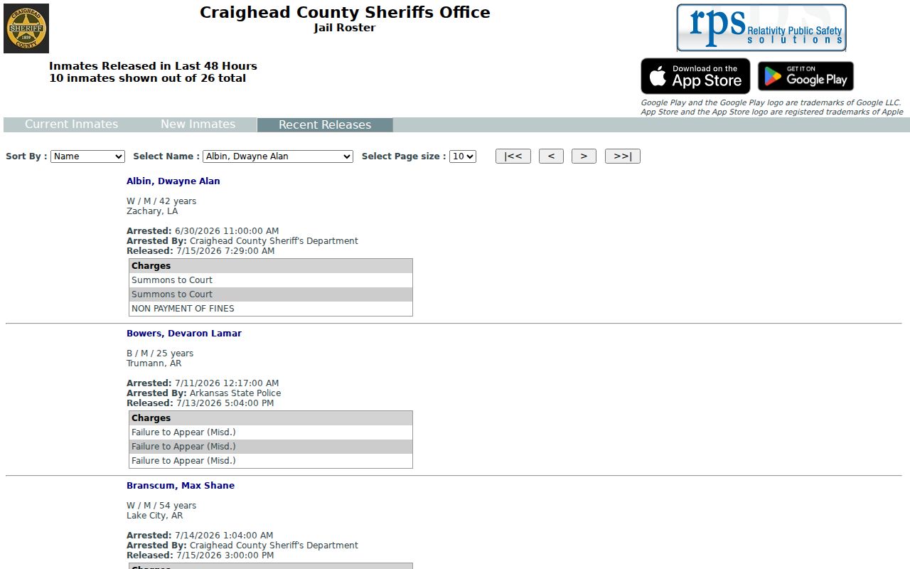 Craighead County arrest history RPS recent releases page