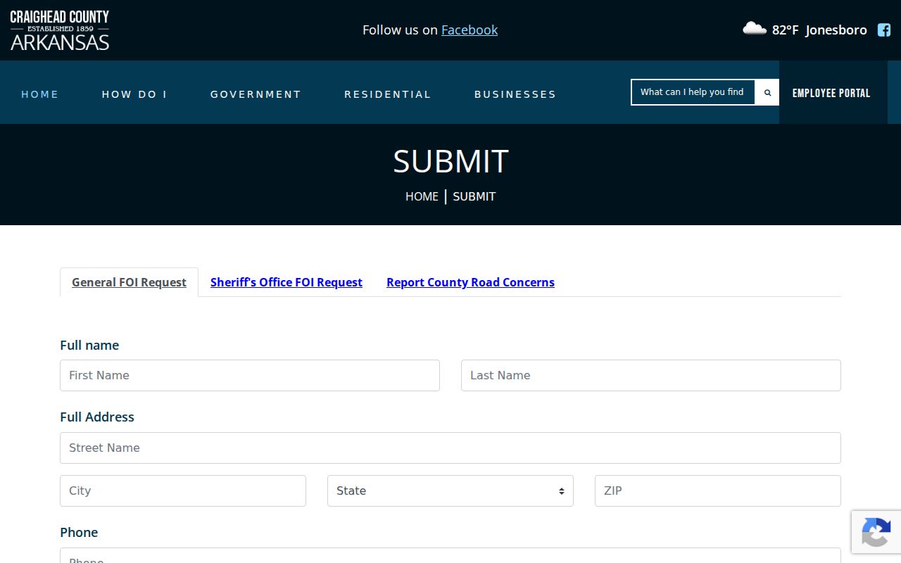 Craighead County criminal history FOIA submission page