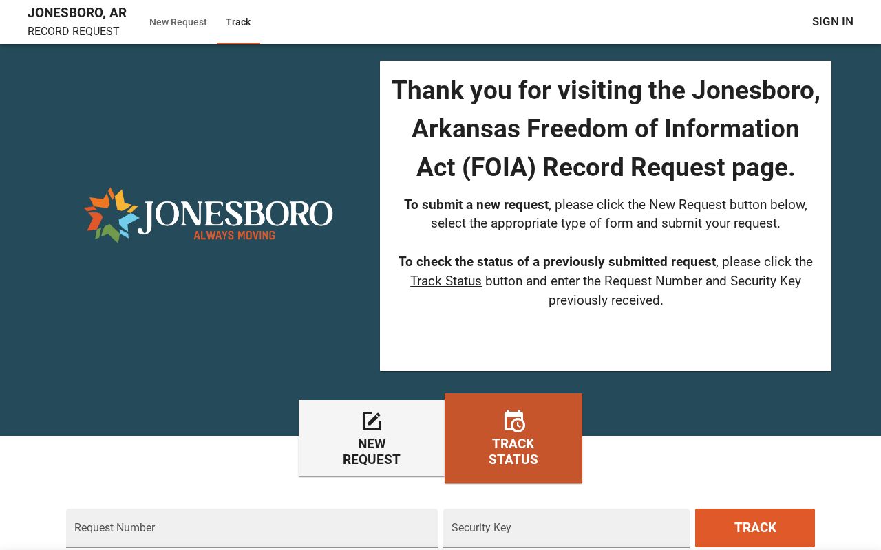 Jonesboro JustFOIA public records portal landing page