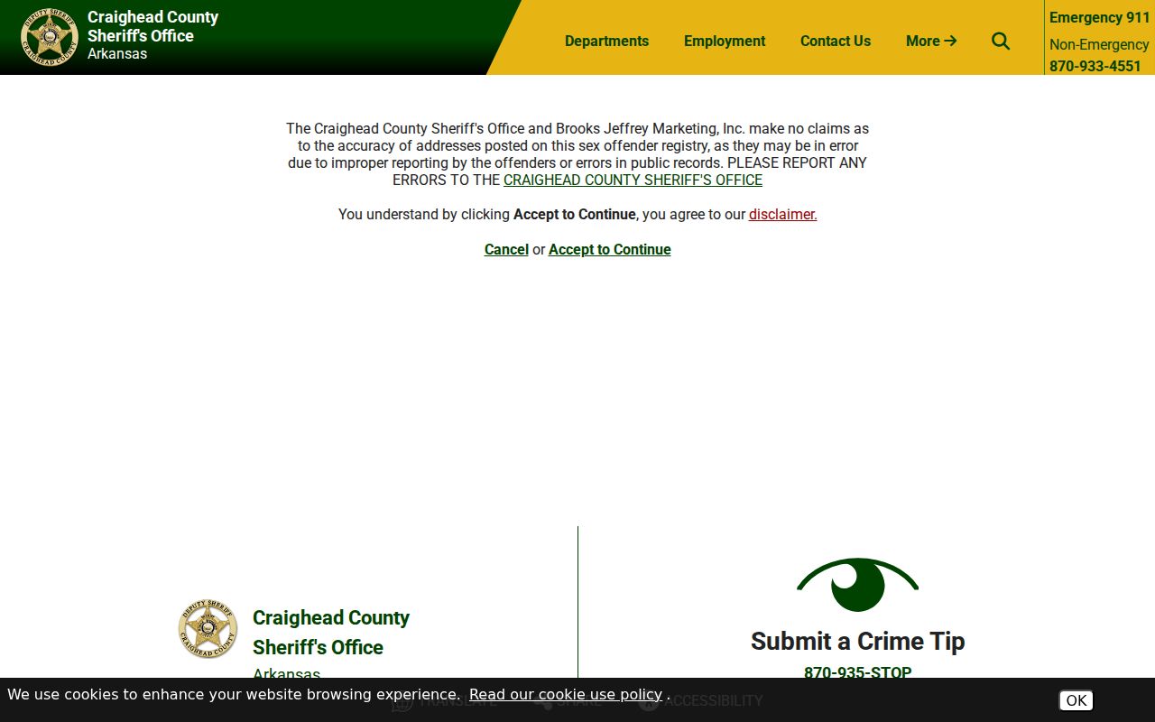Craighead County sex offender check sheriff disclaimer page